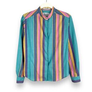 VTG Ship n Shore Shirt Shirt Womens 8 Blue Pink Striped Retro Button Front Top